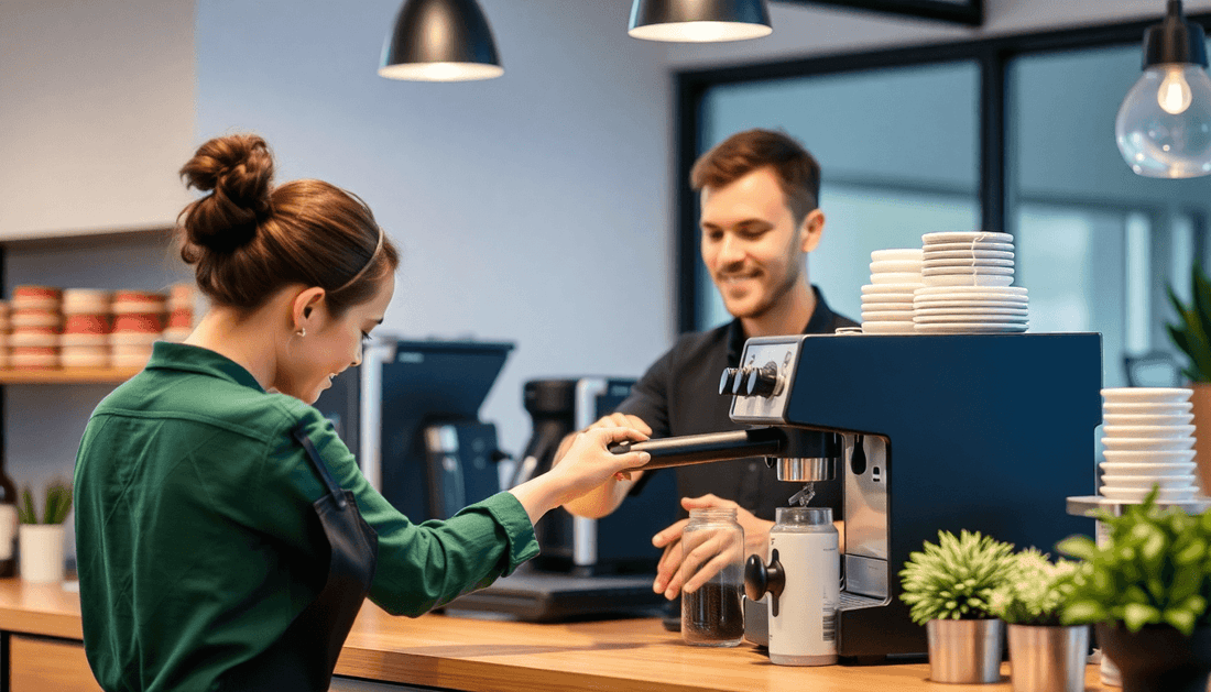 Customer service representative assisting with coffee machine