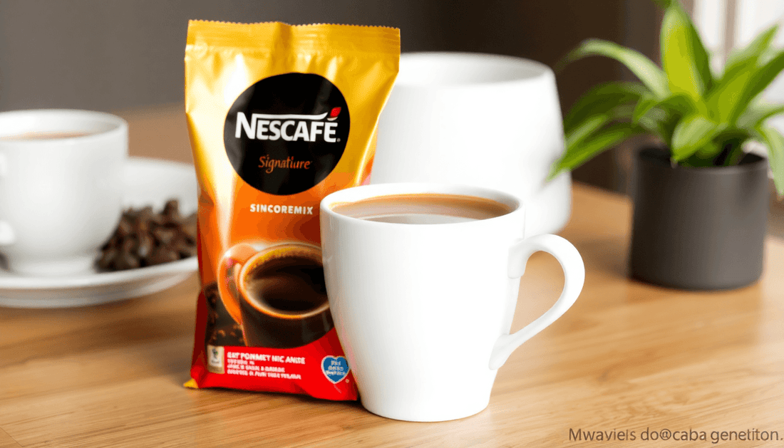 A cup of Nescafe Signature coffee premix on table