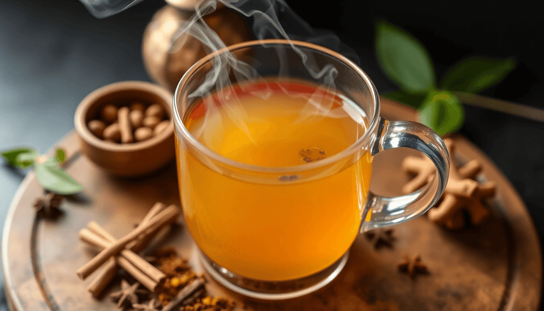 A steaming cup of masala tea with spices