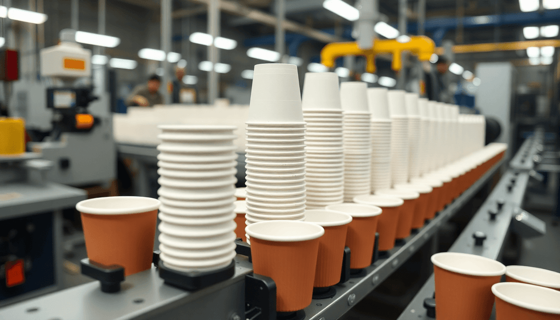 Paper cups being manufactured in a factory assembly line