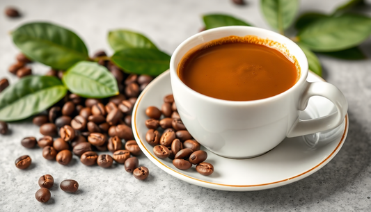 A cup of premium Madras coffee with coffee beans