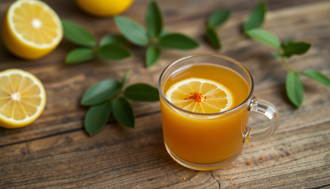 A cup of lemon tea with masala on a wooden table