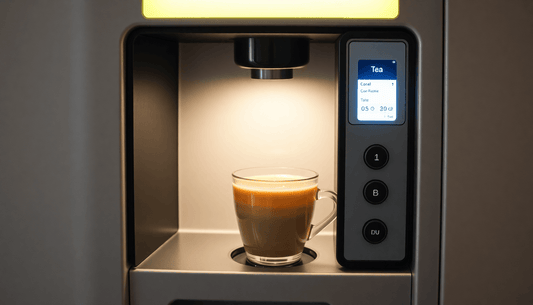 A modern tea vending machine dispensing a hot cup of tea