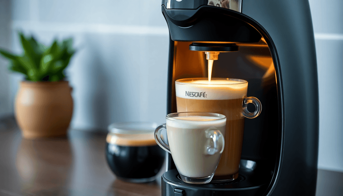 A Nescafé E Coffee Maker brewing frothy cappuccino at home