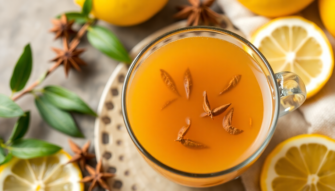 A cup of lemon masala chai with spices and tea leaves
