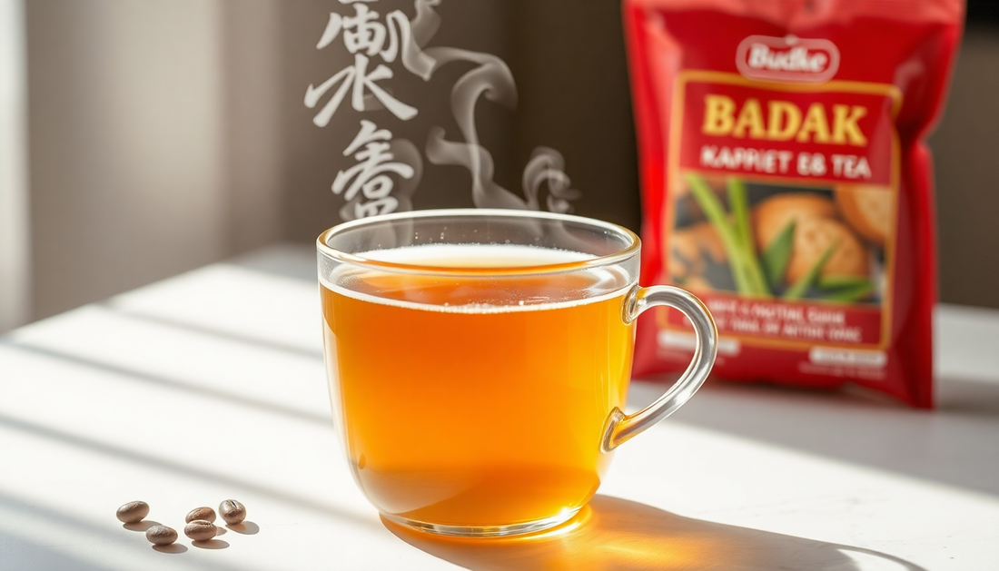 A cup of steaming tea with Burke Kadak tea premix packet