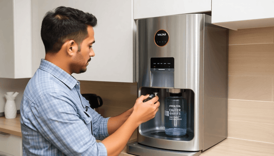Technician repairing Voltas water dispenser in home kitchen