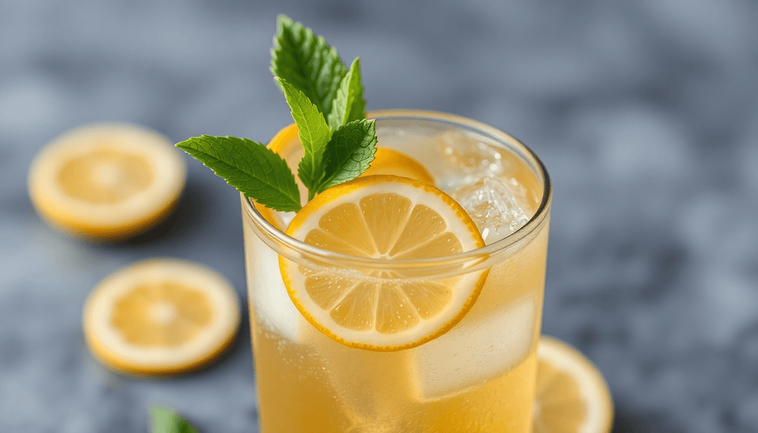 A glass of iced tea with fresh tea leaves and lemon