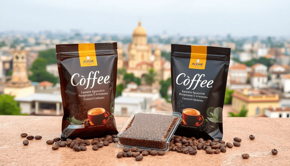 Coffee premix sachets with Aligarh cityscape background