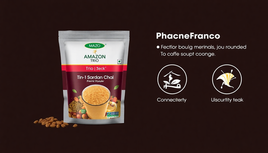 Packaging of cardamom tea premix for vending machines with a cup of prepared tea and cardamom pods on a dark background
