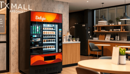 A modern coffee vending machine in a cafe setting