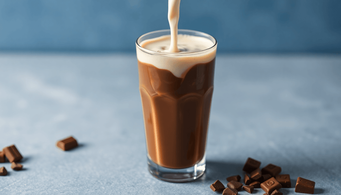 A glass of chocolate Nestle NESQUIK with pouring milk