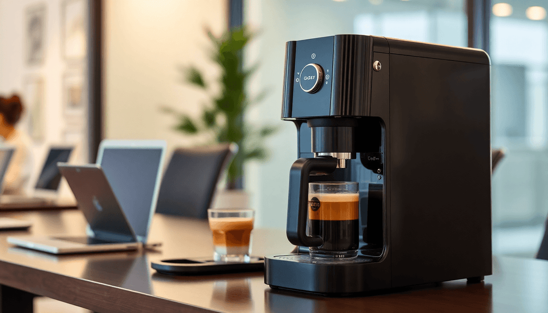 A sleek Godrej coffee machine brewing coffee in office