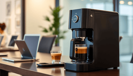 A sleek Godrej coffee machine brewing coffee in office