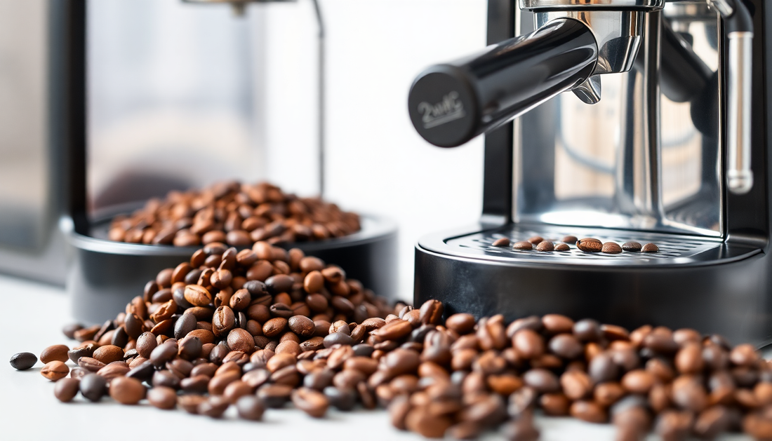 Fresh ground coffee beans beside a coffee machine