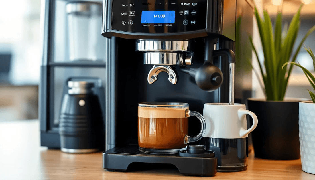 A coffee machine brewing fresh coffee in an office