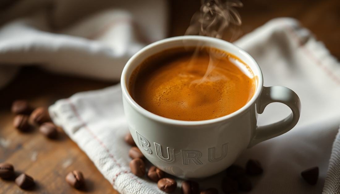 A steaming cup of hot BRU coffee premix