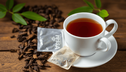 A cup of Assam tea with tea bags and leaves