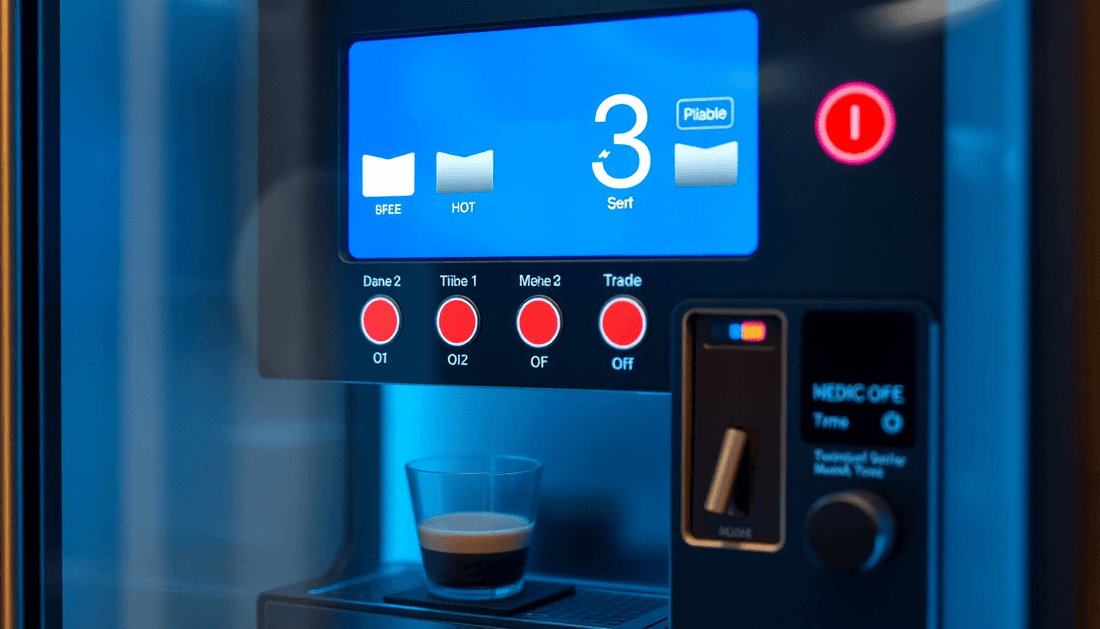A coffee vending machine dispensing hot coffee