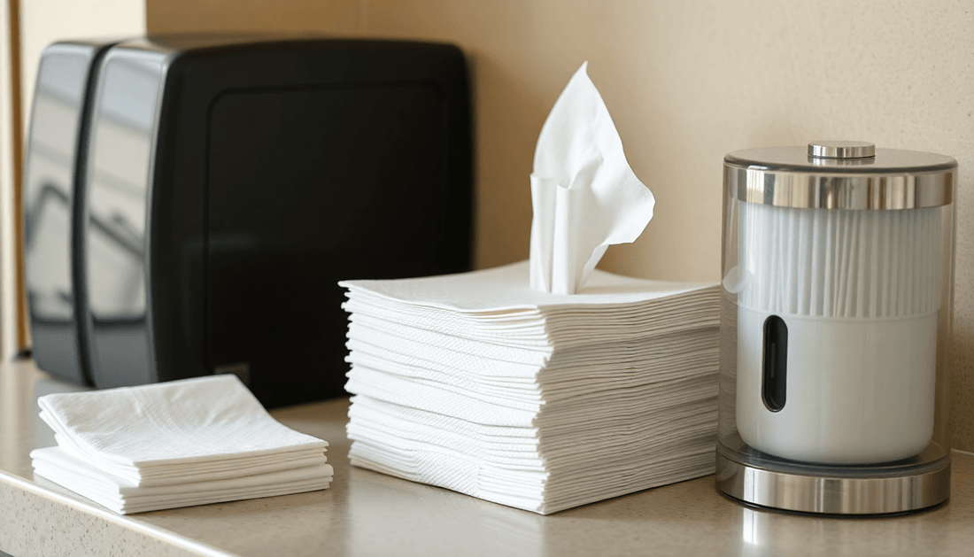 M fold tissue paper napkins stacked beside dispenser
