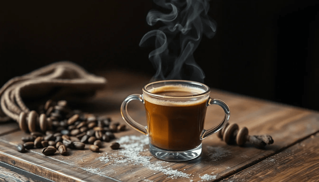 A steaming cup of coffee premix on a rustic table