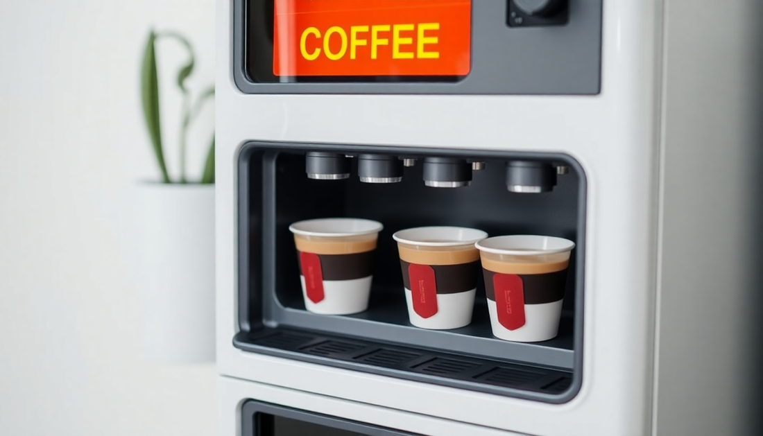 Mini coffee vending machine dispensing five cups
