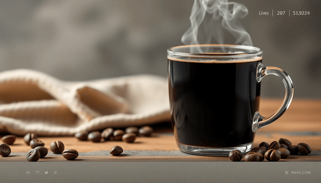 A steaming cup of black coffee with Amazon Live interface
