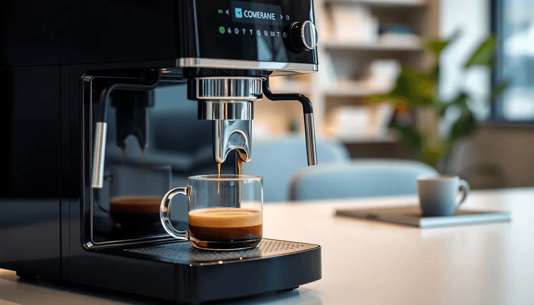 A sleek coffee machine brewing coffee in an office