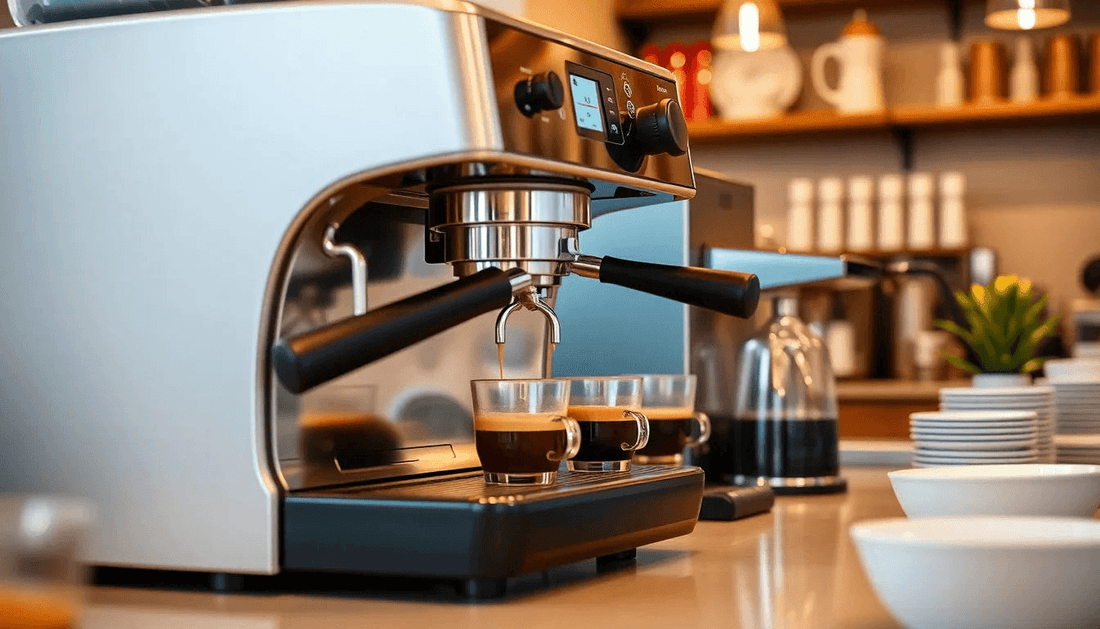 A modern coffee machine brewing fresh coffee in a cafe
