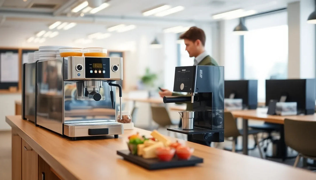 Modern Atlantis Coffee Machine 4 Lane Sector 32 Noida on wooden counter with office background