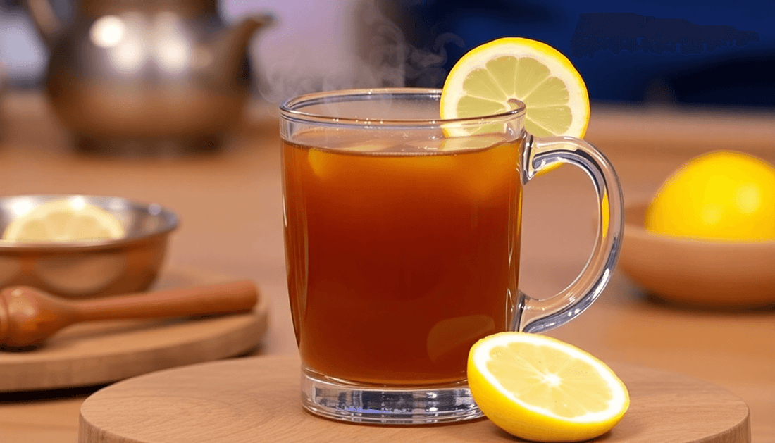 A steaming cup of masala lemon tea on a live cooking show