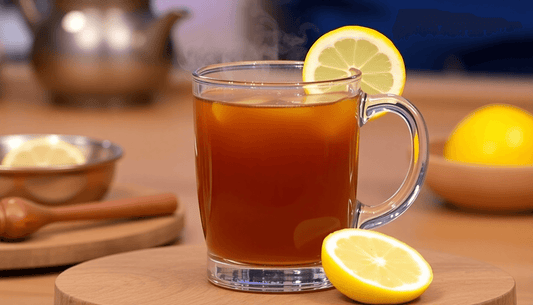 A steaming cup of masala lemon tea on a live cooking show