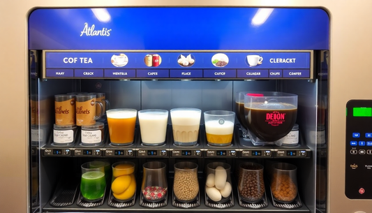 Atlantis Classic 3 Lane Tea Coffee Vending Machine dispensing beverages