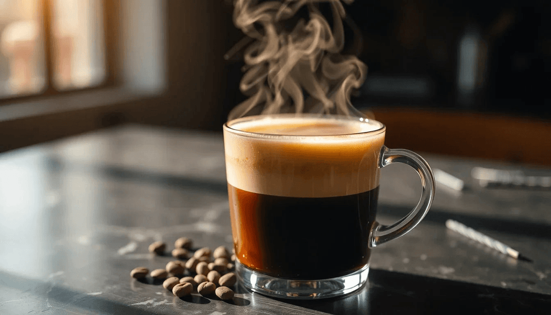 A steaming cup of coffee premix on a table