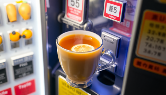 A steaming cup of lemon masala tea on a vending machine
