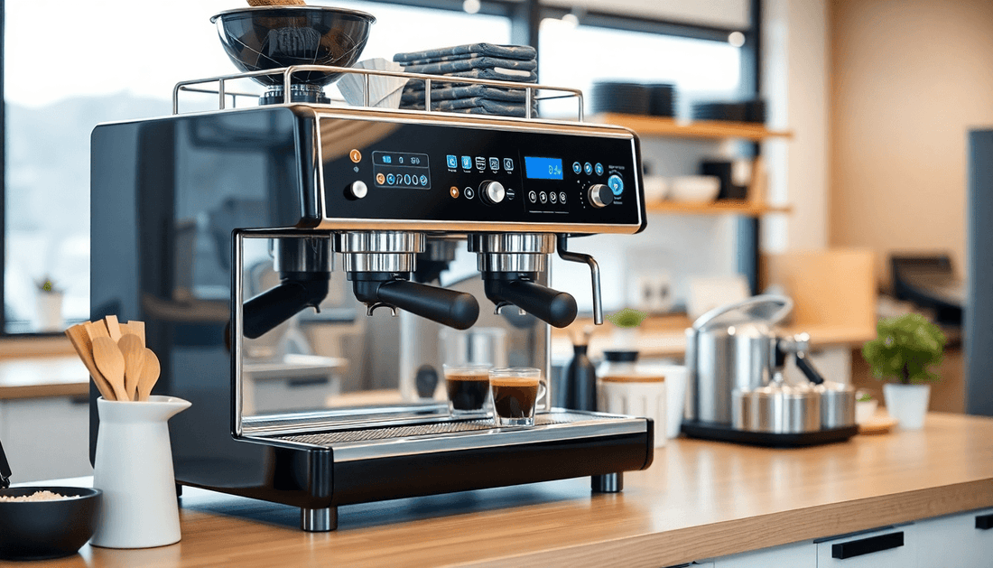 Modern coffee machine in a busy office kitchen
