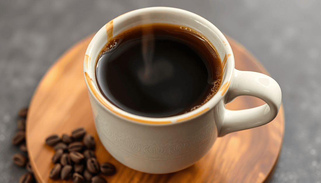 A steaming cup of black Arabica instant coffee