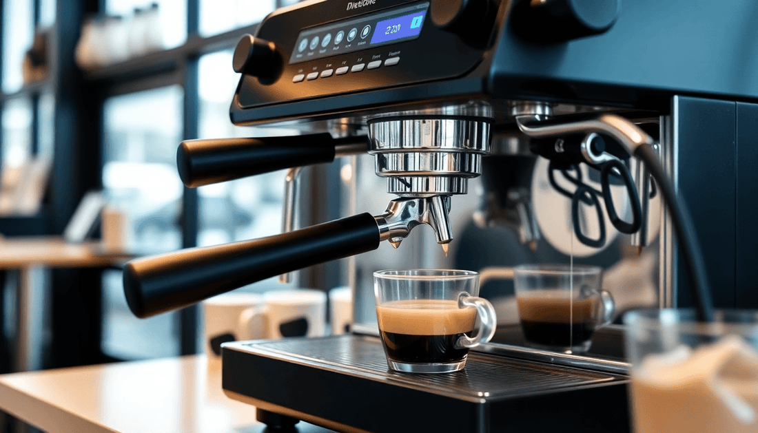A modern coffee machine brewing espresso in a cafe