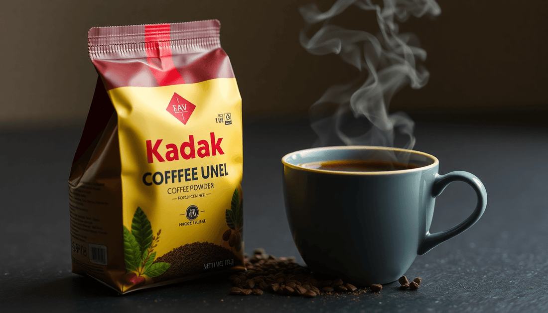 A pack of Kadak coffee powder next to a steaming cup