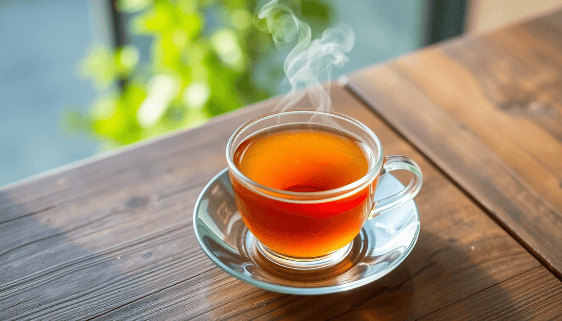 A steaming cup of organic Assam tea on a wooden table