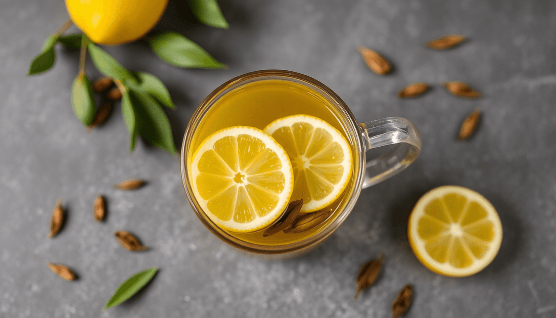 A cup of lemon tea with lemon slices and tea leaves