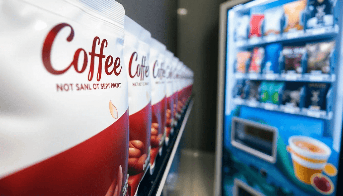 Coffee premix packets arranged next to vending machines