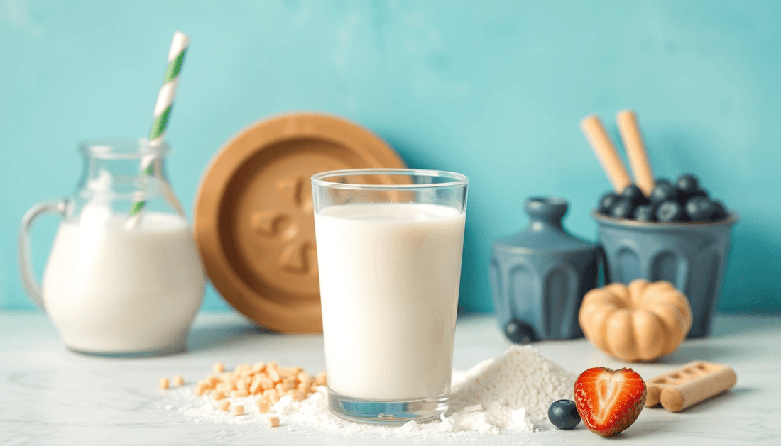 A glass of milk powder with healthy food items