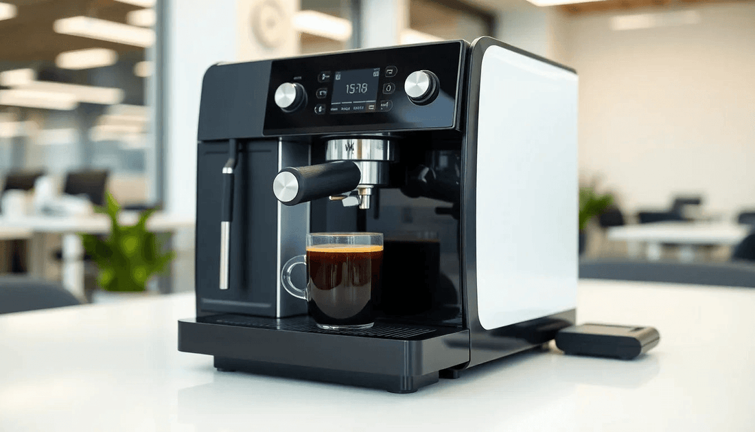 A modern coffee machine brewing fresh coffee in an office
