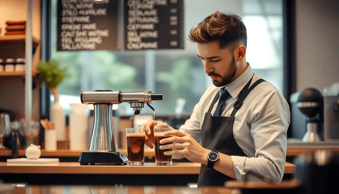 A barista preparing coffee premix in a modern cafe