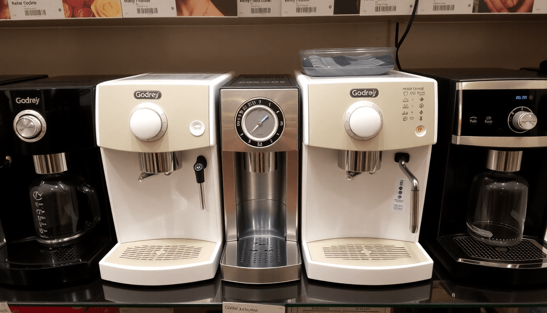 Godrej coffee machines displayed with price tags