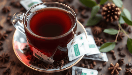 A cup of Assam black tea with organic tea bags