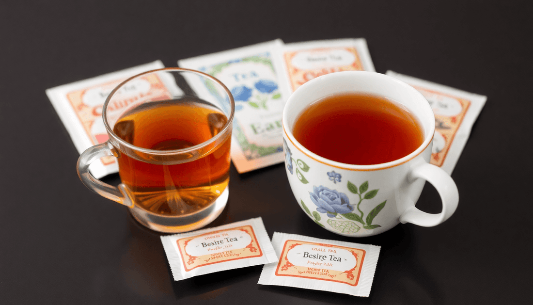 A cup of instant tea beside tea premix sachets