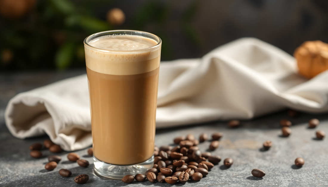 A glass of hazelnut cold coffee with coffee beans