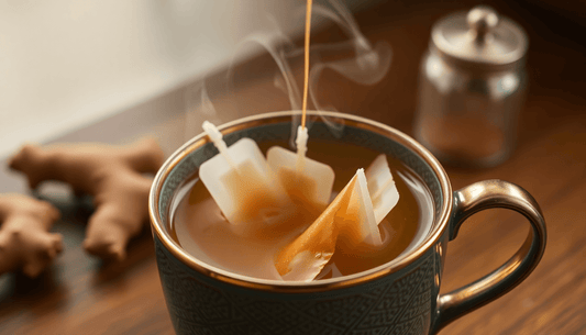 Premium ginger tea bags steaming in a cup